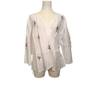 Edward 100% Linen White w/Floral Embroidery Wrap Tie Top NWOT Beautiful - Large